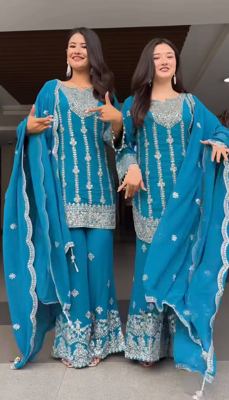 Royal Cerulean Silver-Embroidered Sharara Set